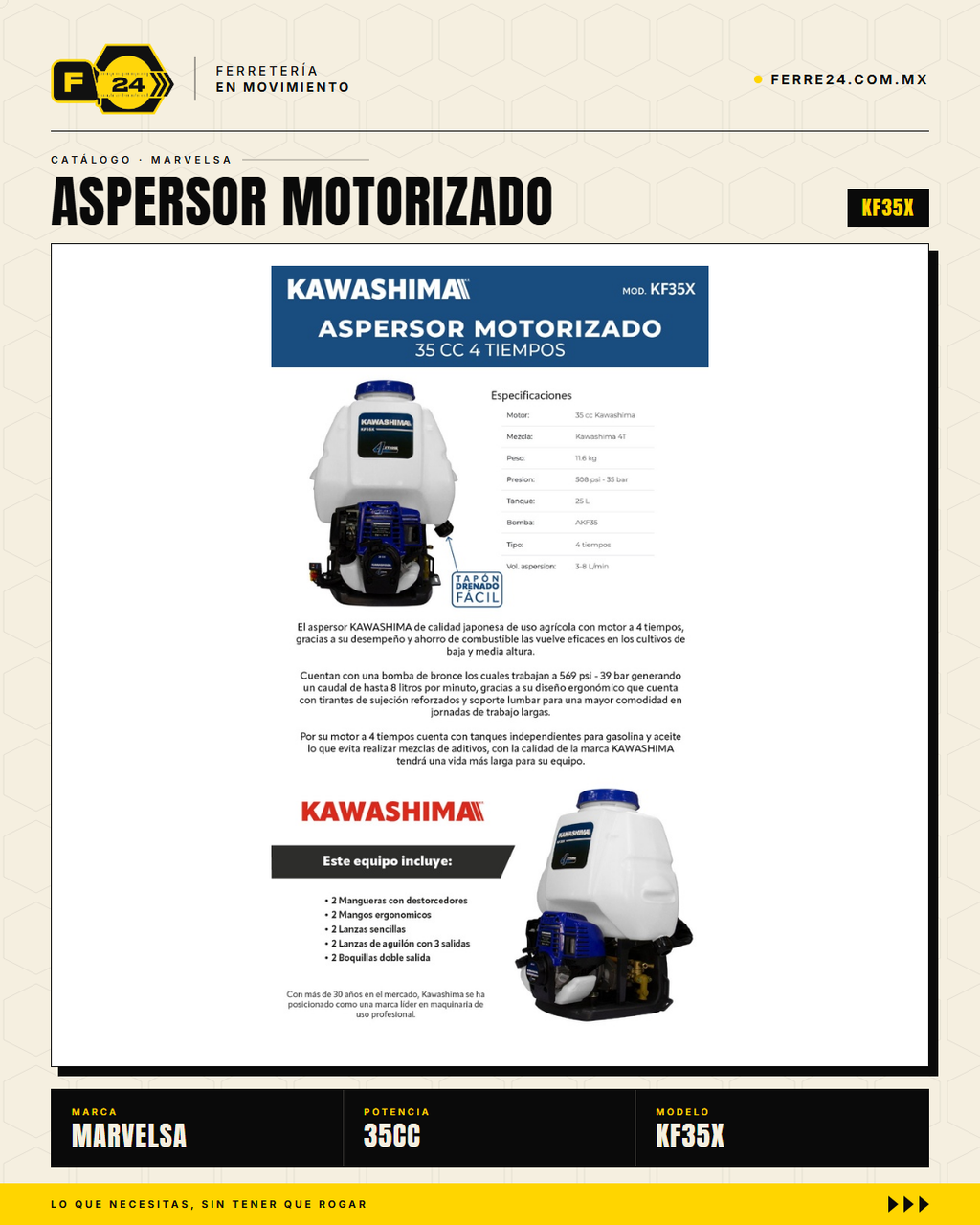 Aspersor Motorizado Kawashima KF35X — Motor 4T 35cc, Tanque 25 L

--- sec_003