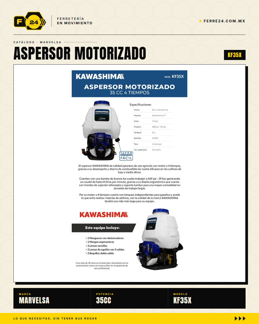 Aspersor Motorizado Kawashima KF35X — Motor 4T 35cc, Tanque 25 L

--- sec_003
