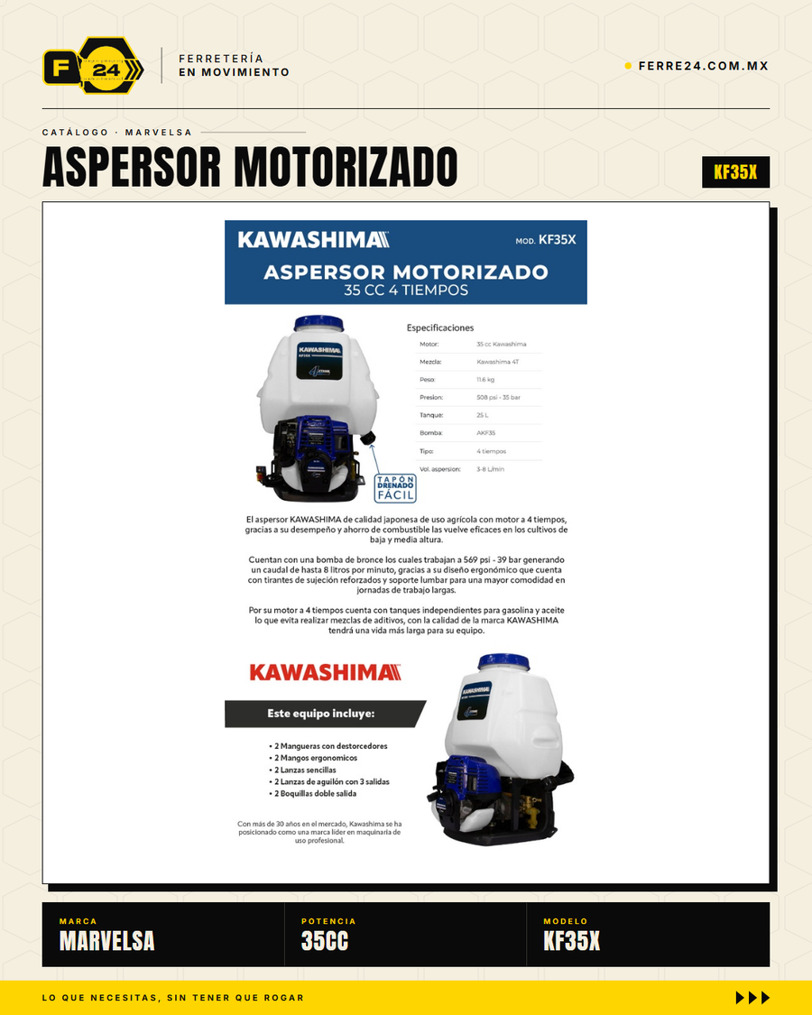 Aspersor Motorizado Kawashima KF35X — Motor 4T 35cc, Tanque 25 L

--- sec_003