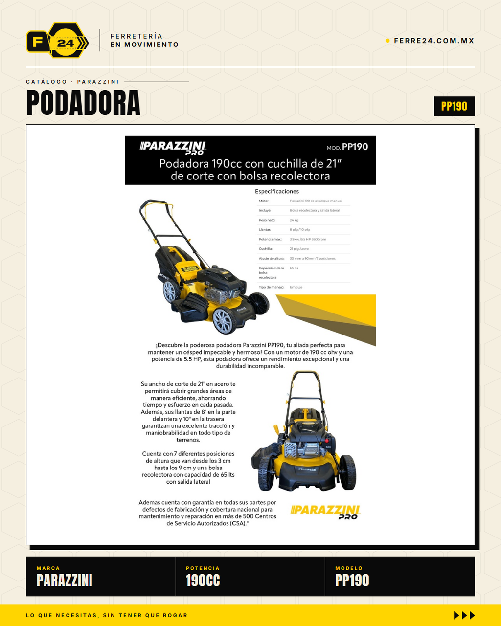 Podadora a Gasolina 190cc Parazzini Pro PP190 — Corte 21" y Bolsa 65L · sec_003