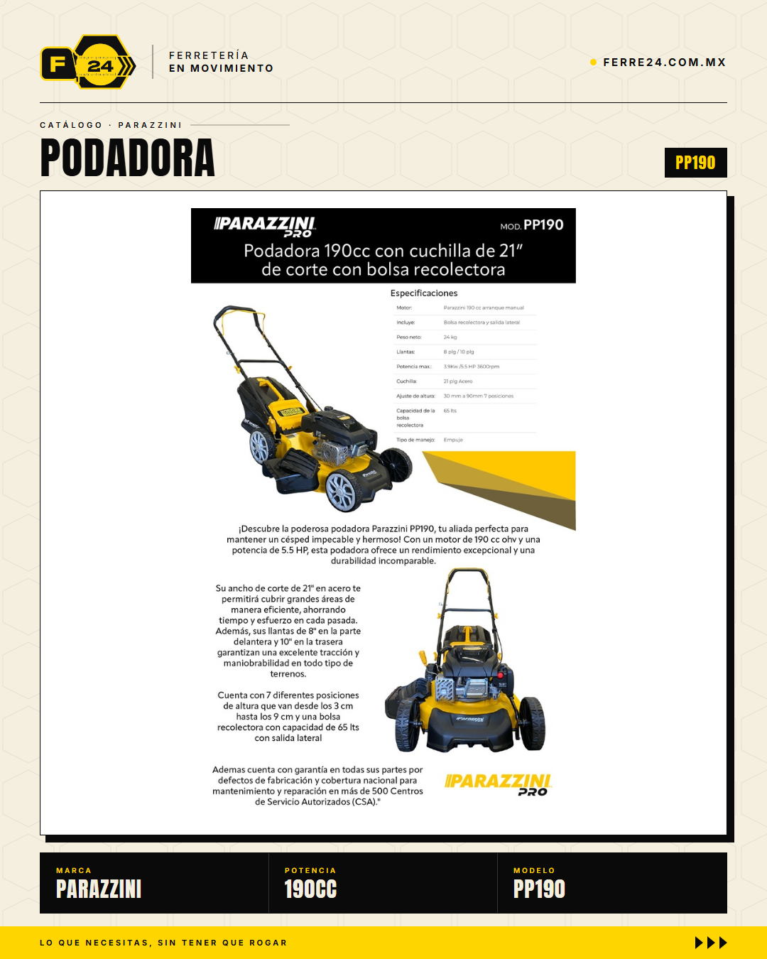 Podadora a Gasolina 190cc Parazzini Pro PP190 — Corte 21" y Bolsa 65L · sec_003