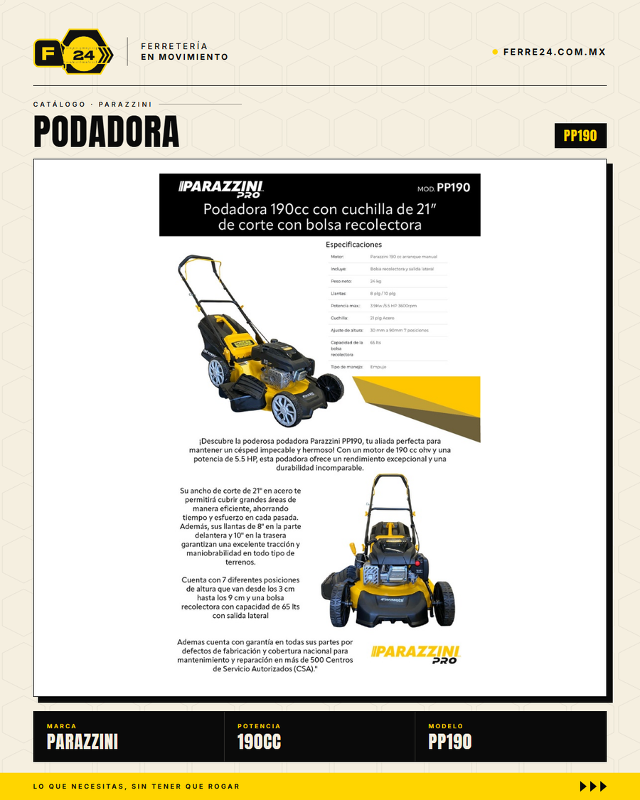 Podadora a Gasolina 190cc Parazzini Pro PP190 — Corte 21" y Bolsa 65L · sec_003