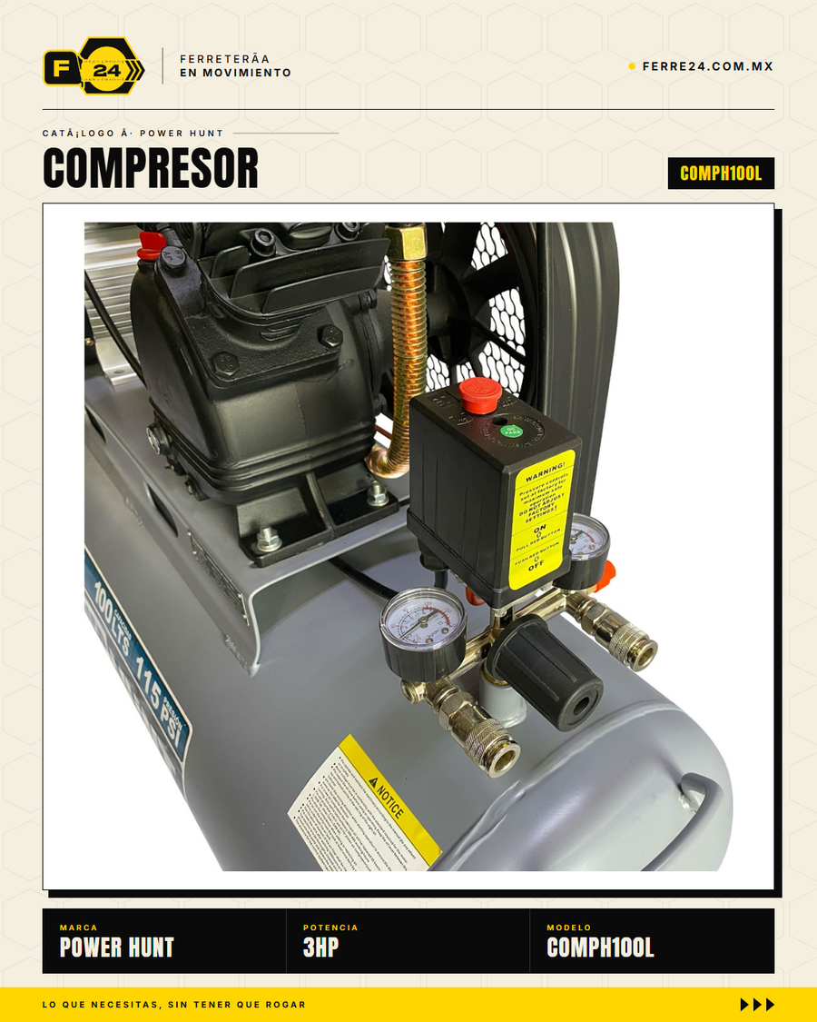 Compresor de Aire 3 HP 100 L Transmisión por Banda — Power Hunt COMPH100L · sec_003