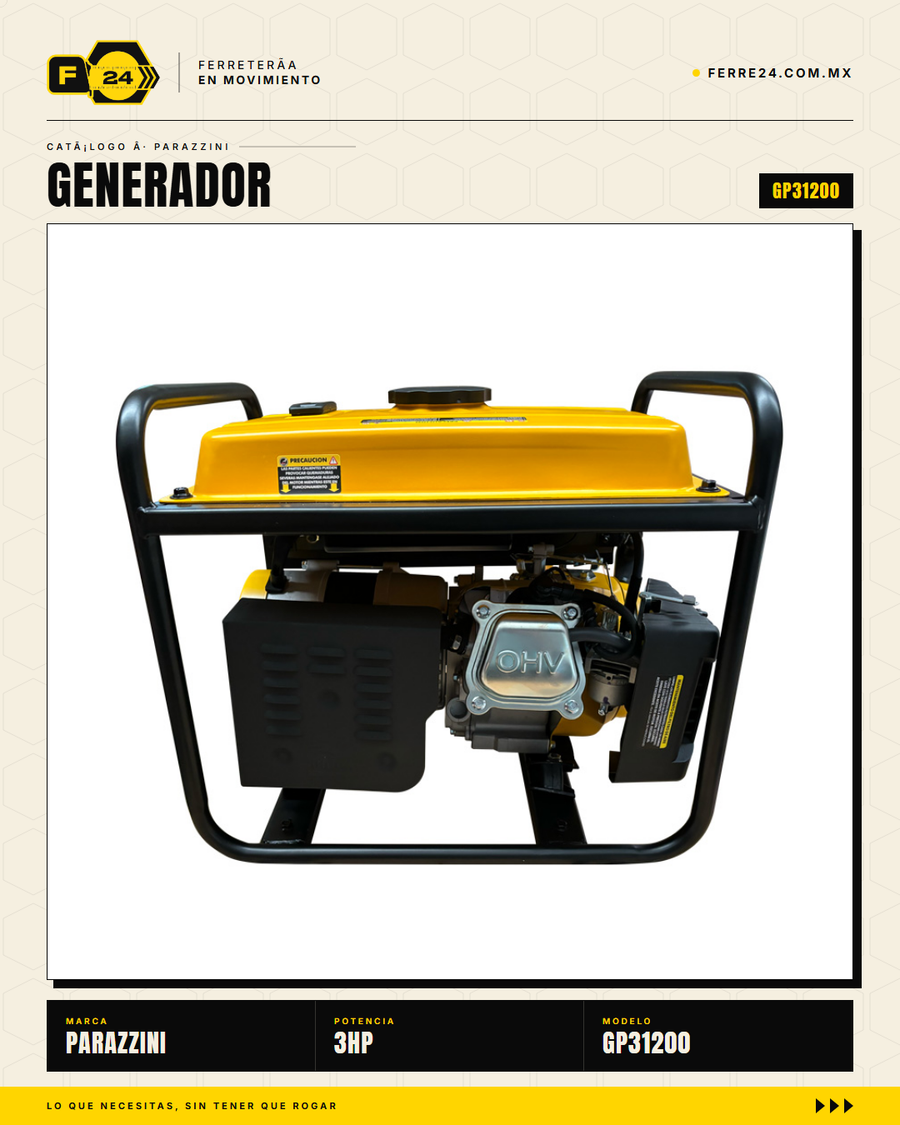 Generador portátil Parazzini GP31200: motor 3HP, 1,200W máx, tanque 6.3 L, 7 h de autonomía. Respaldo confiable para hogar, campo y emergencias desde $4,769 MXN. · sec_003
