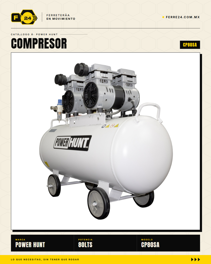 Compresor 80 L libre de aceite, doble conexión rápida. Aire limpio para pintura y neumática. Sin kit: tú usas tus accesorios. · sec_003