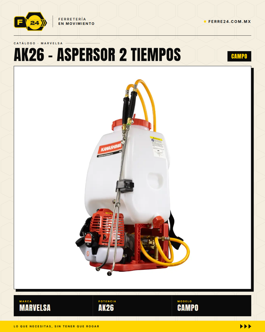 Aspersor Kawashima AK26 — Motor 2 Tiempos 26cc, Depósito 25 Litros

--- · sec_004