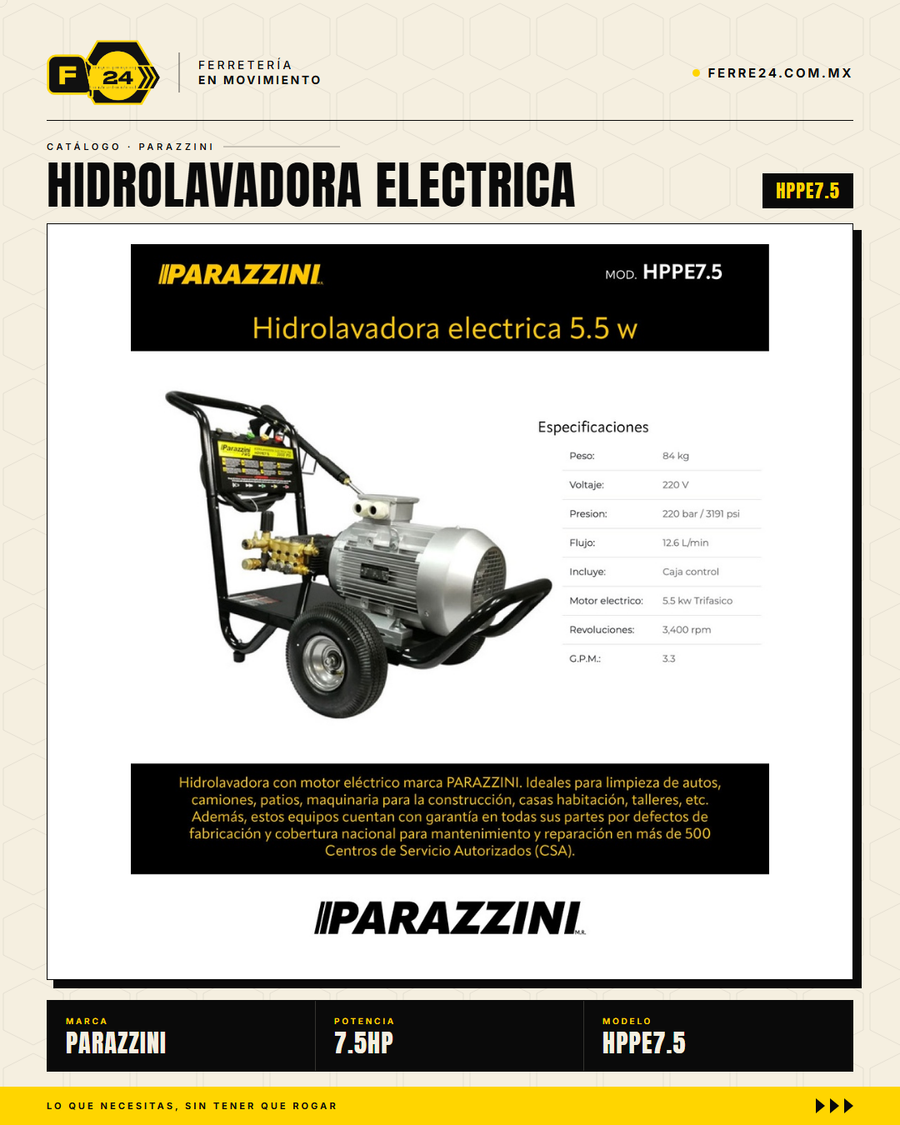 Hidrolavadora Industrial Trifásica 5.5 kW · 3,191 PSI Parazzini Pro · sec_004