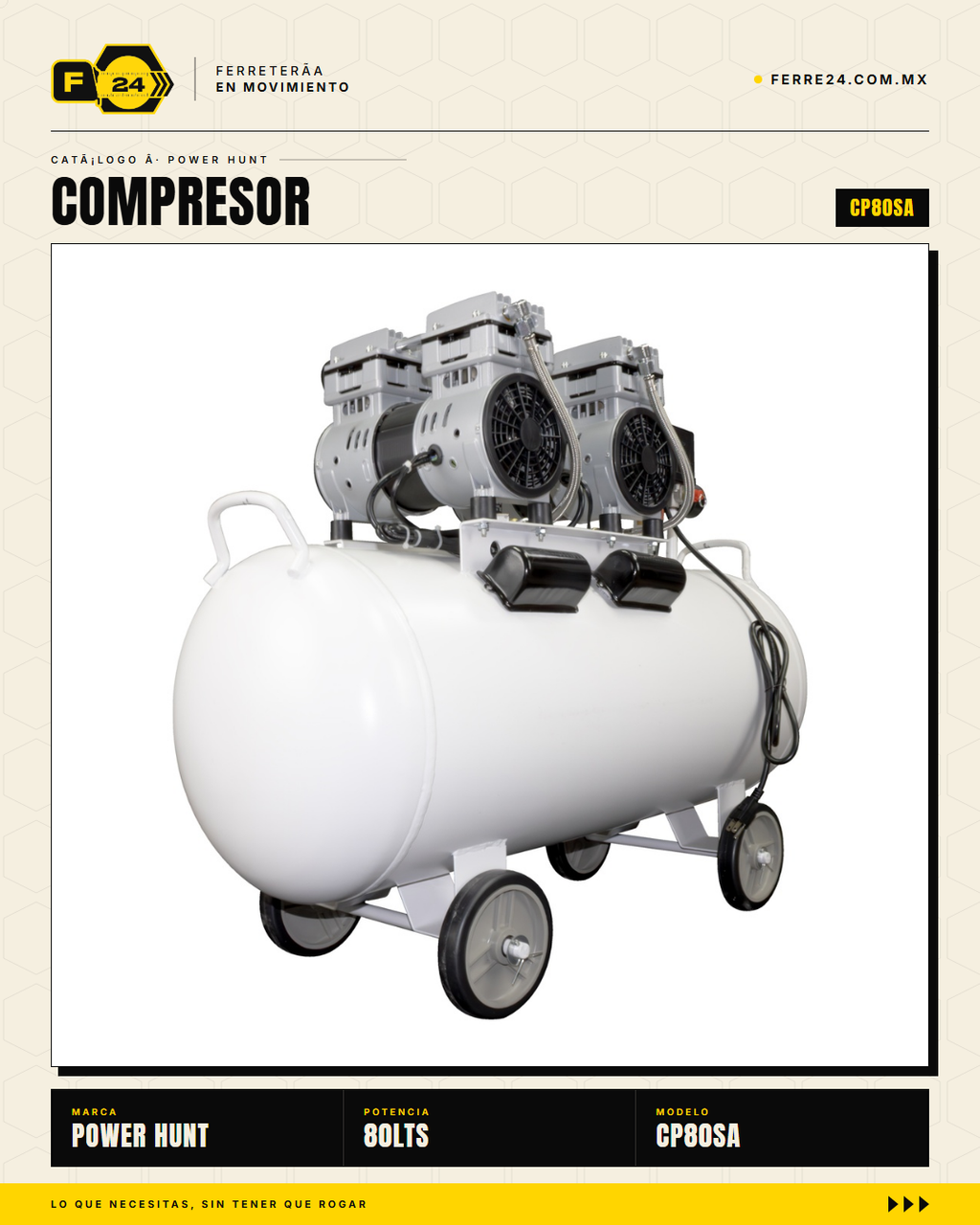 Compresor 80 L libre de aceite, doble conexión rápida. Aire limpio para pintura y neumática. Sin kit: tú usas tus accesorios. · sec_004