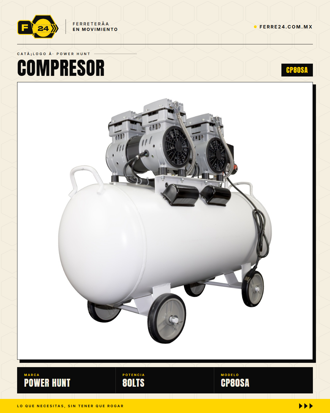 Compresor 80 L libre de aceite, doble conexión rápida. Aire limpio para pintura y neumática. Sin kit: tú usas tus accesorios. · sec_004