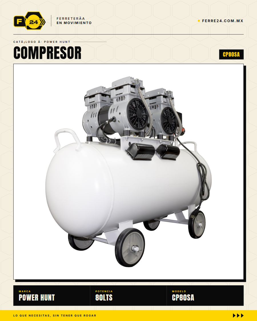 Compresor 80 L libre de aceite, doble conexión rápida. Aire limpio para pintura y neumática. Sin kit: tú usas tus accesorios. · sec_004