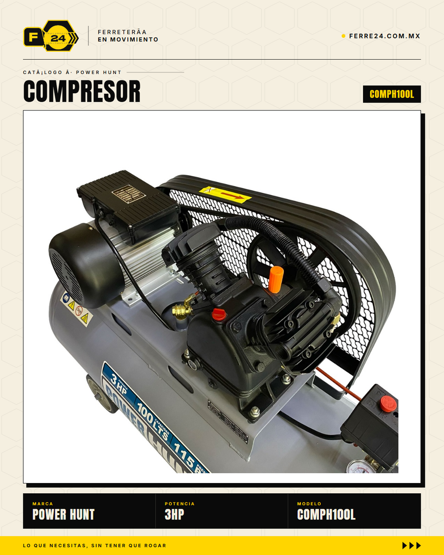 Compresor de Aire 3 HP 100 L Transmisión por Banda — Power Hunt COMPH100L · sec_004