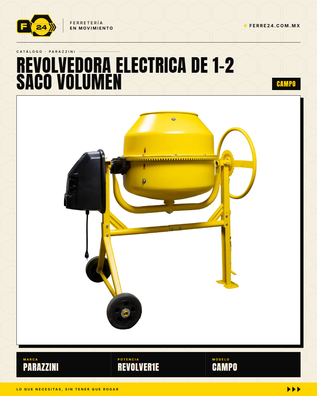 Revolvedora Eléctrica Parazzini 180 L — 650W, 110V, 1/2 Saco · sec_004