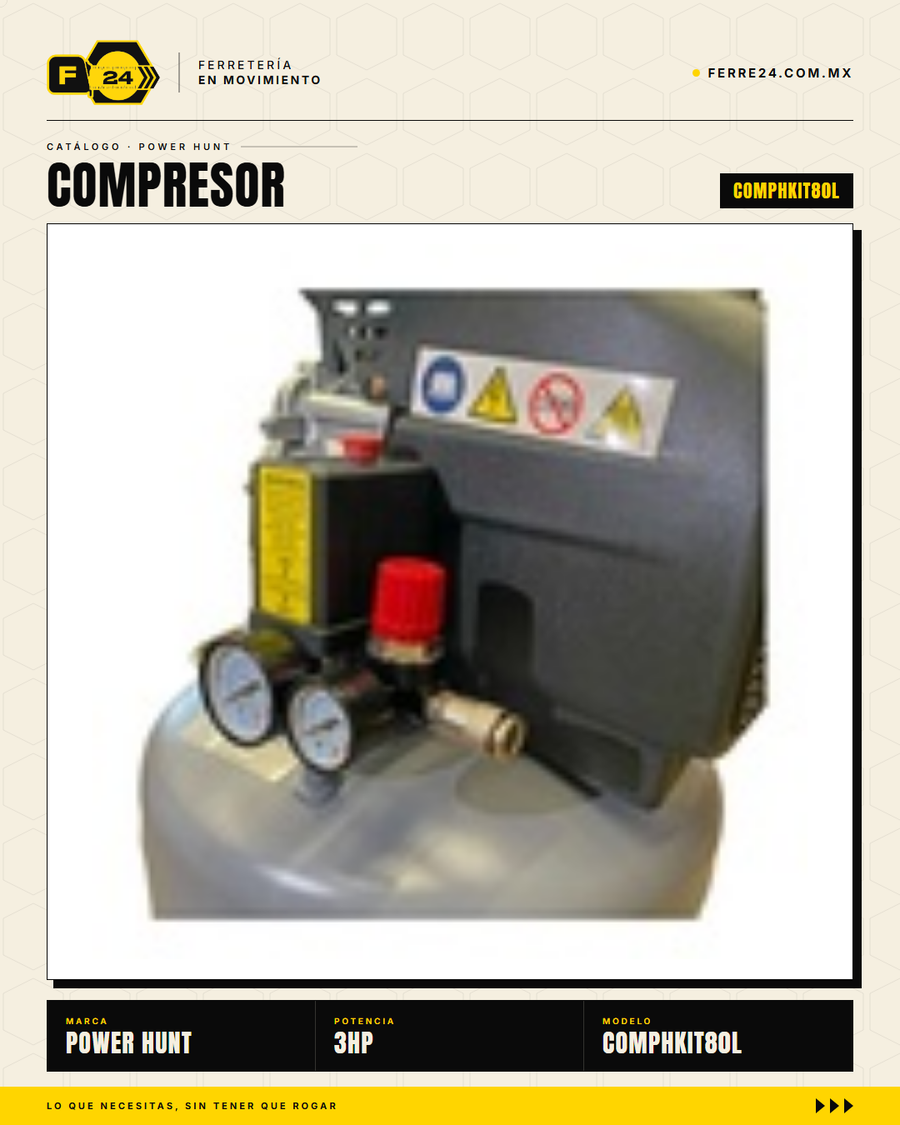 Compresor Eléctrico Power Hunt 80 L 3 HP — Doble Conexión Rápida + Kit Manguera y Pistola de Gravedad · sec_004
