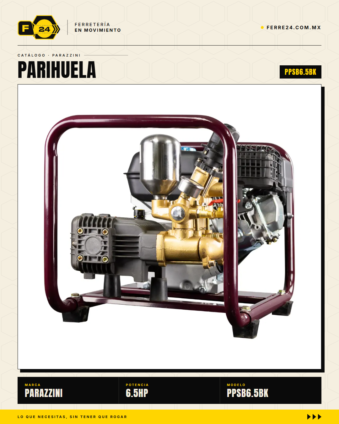 Parihuela Parazzini 6.5HP Transmisión Directa — Kit Manguera y Carrete · sec_004_marvelsa