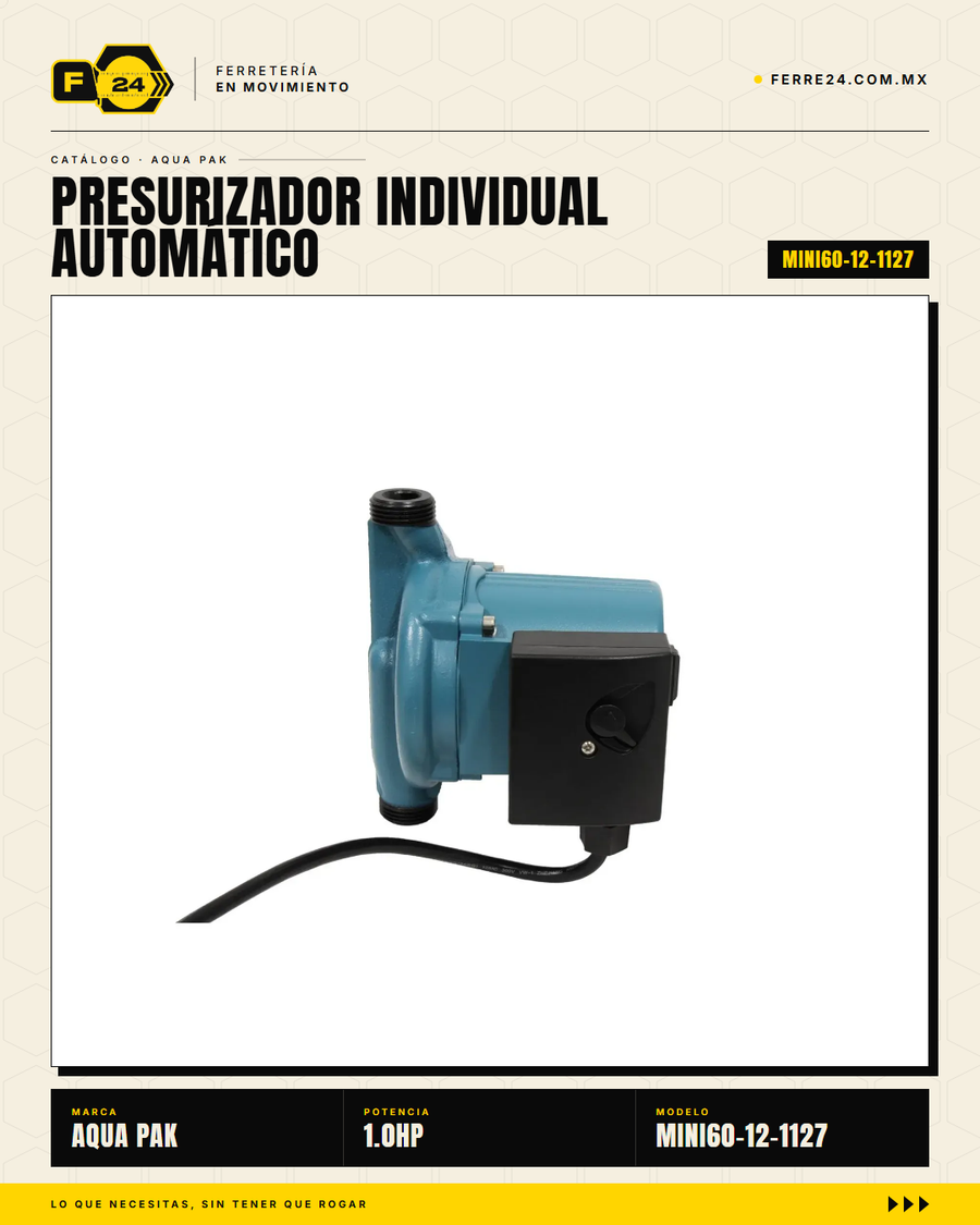 Presurizador Individual Automático AQUA PAK MINI60-12 — Serie MINI SMART, 60 lpm, 1/3 HP, 127 V · sec_005