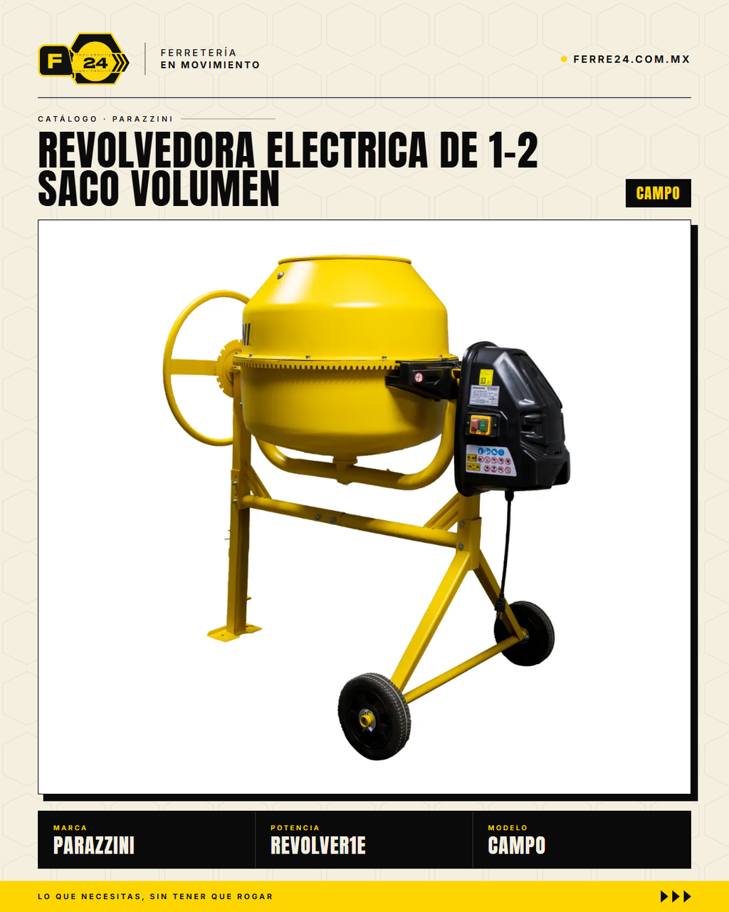 Revolvedora Eléctrica Parazzini 180 L — 650W, 110V, 1/2 Saco · sec_005