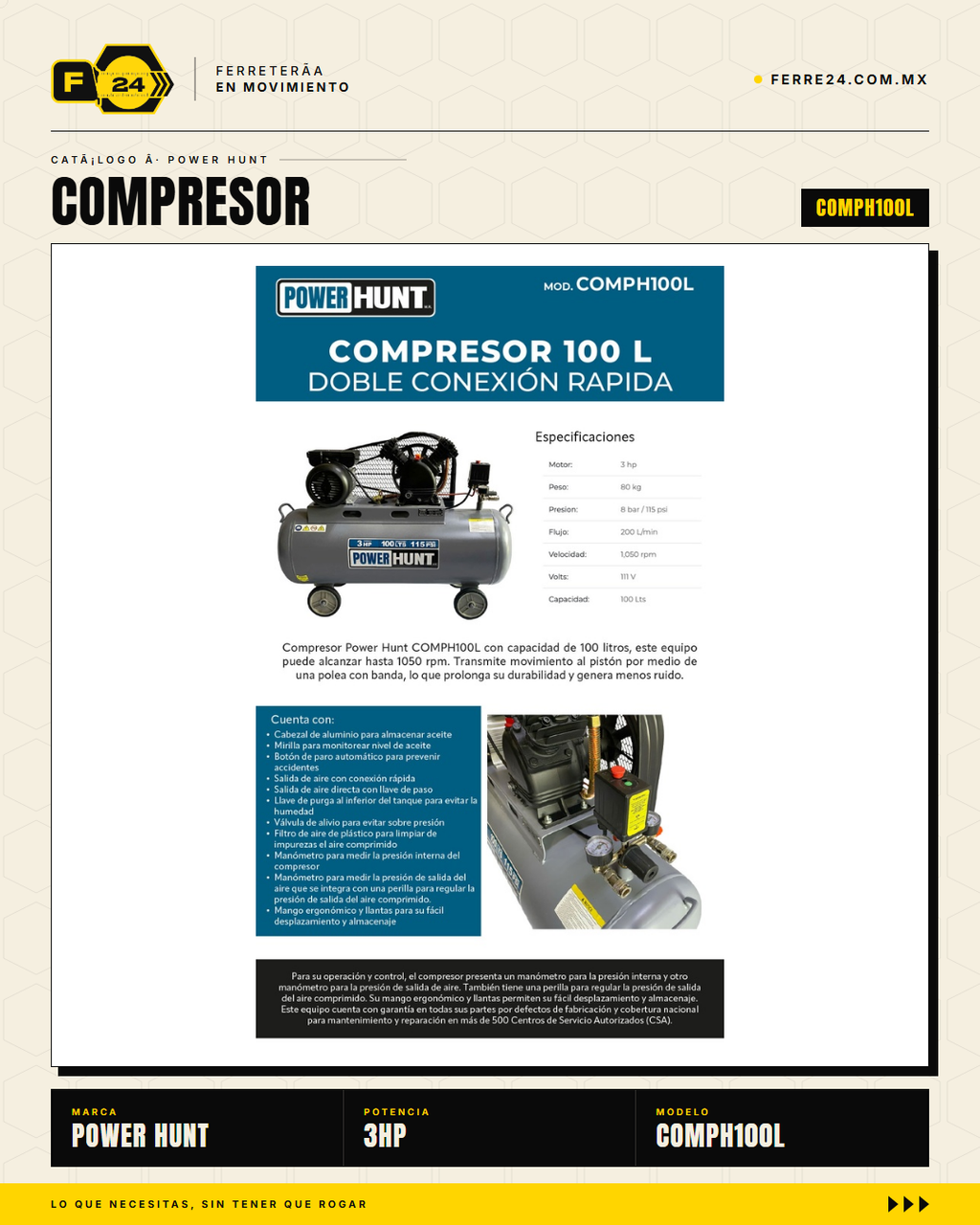 Compresor de Aire 3 HP 100 L Transmisión por Banda — Power Hunt COMPH100L · sec_005