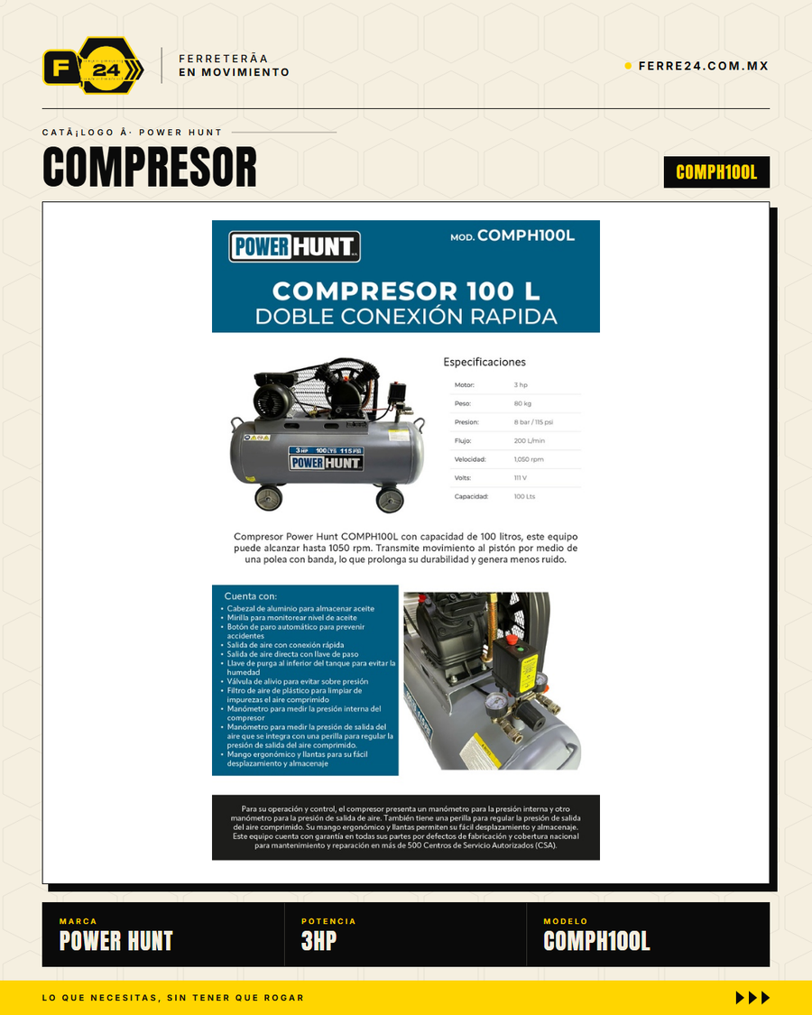 Compresor de Aire 3 HP 100 L Transmisión por Banda — Power Hunt COMPH100L · sec_005