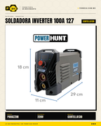 Soldadora inverter compacta Power Hunt CENTELLA130: conecta en 127V (toma de pared casera) o 220V (taller industrial). Hasta 120A de potencia, ciclo de trabajo 85%, tecnología inverter = peso ligero y menor consumo. Respaldada por Marvelsa y 500+ Centros · sec_005