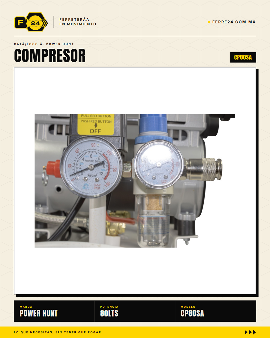 Compresor 80 L libre de aceite, doble conexión rápida. Aire limpio para pintura y neumática. Sin kit: tú usas tus accesorios. · sec_005