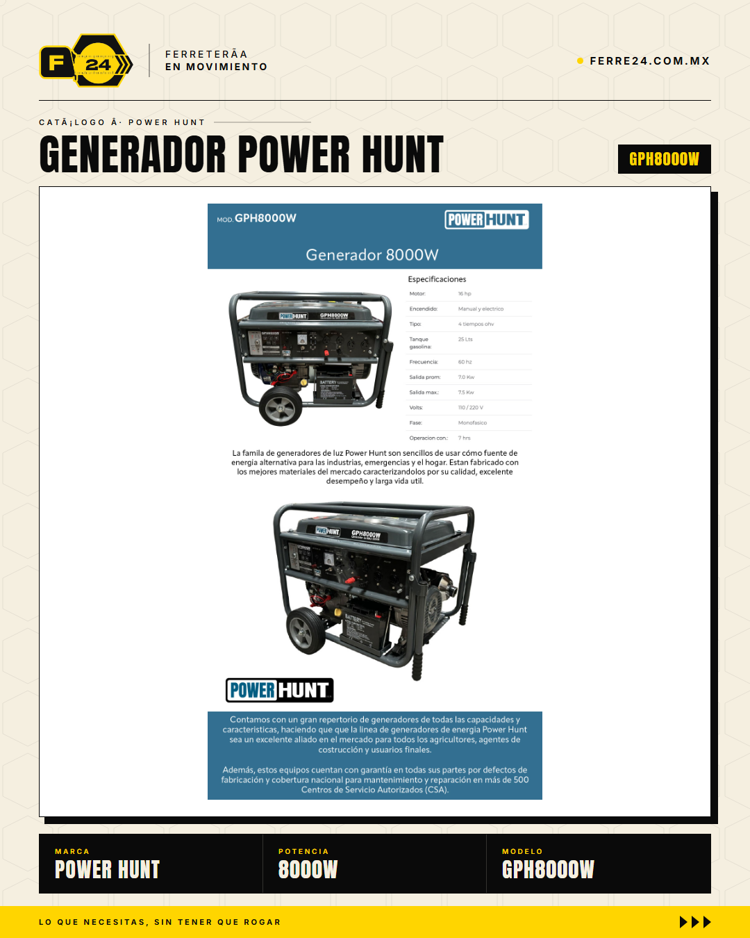 GPH8000W — uso en obra/rancho sin electricidad