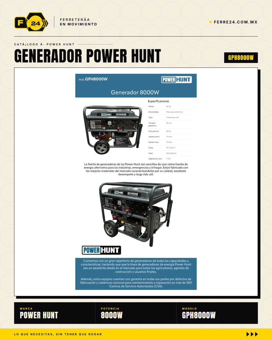 GPH8000W — uso en obra/rancho sin electricidad