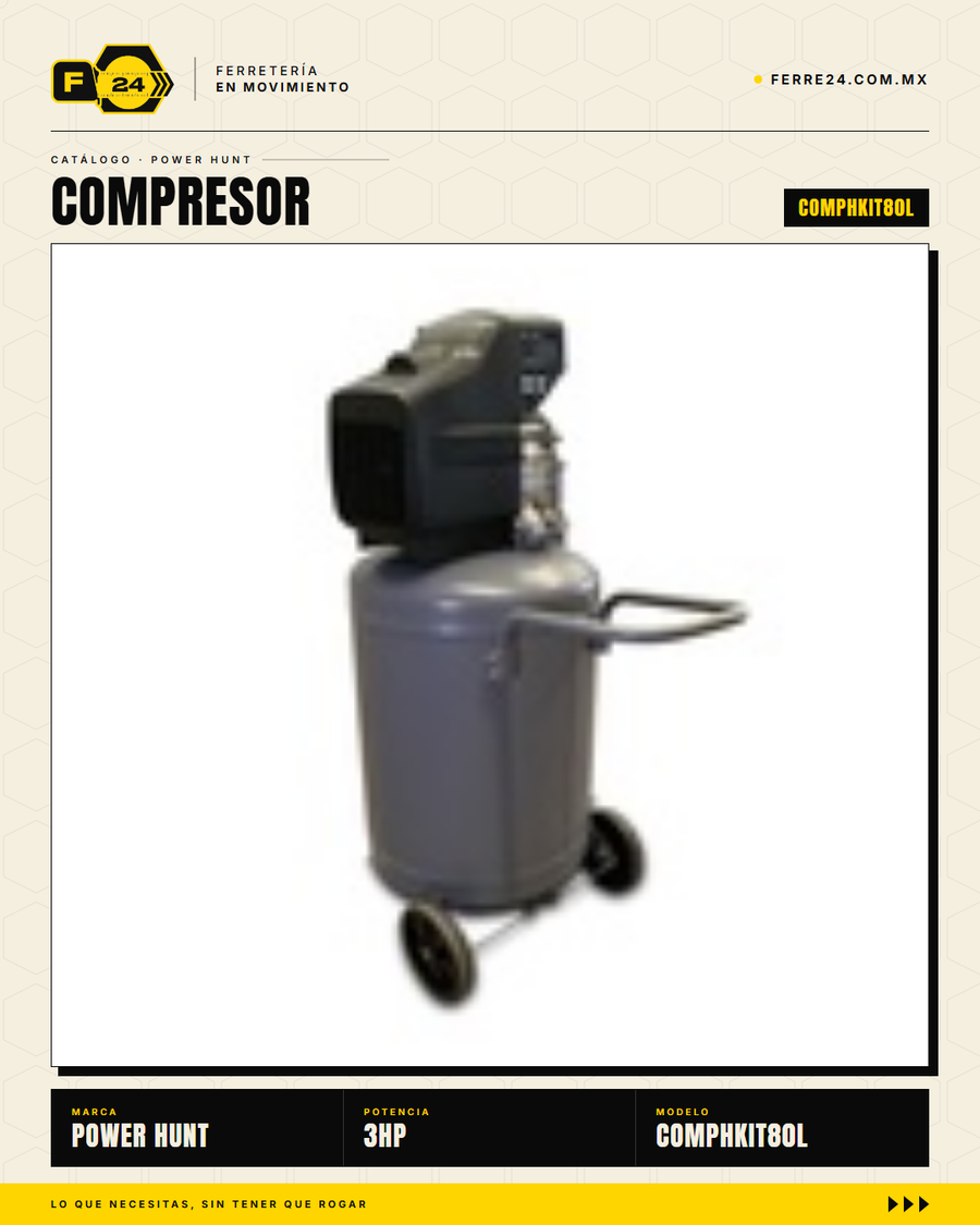 Compresor Eléctrico Power Hunt 80 L 3 HP — Doble Conexión Rápida + Kit Manguera y Pistola de Gravedad · sec_006