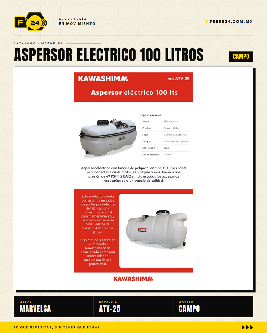 Kawashima ATV-25 — Aspersor Eléctrico 100 Litros. Sin ruido. Sin humo. Sin esfuerzo. · sec_006