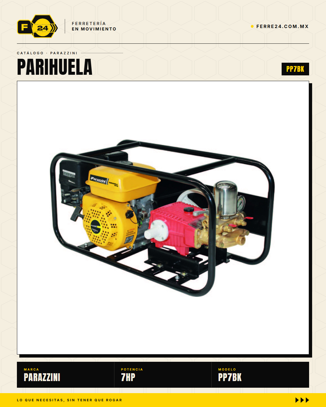 Kit Parihuela Parazzini 7 HP — Bomba Bronce + 100 m de Manguera · sec_006