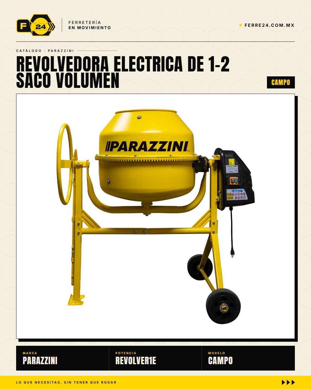 Revolvedora Eléctrica Parazzini 180 L — 650W, 110V, 1/2 Saco · sec_006