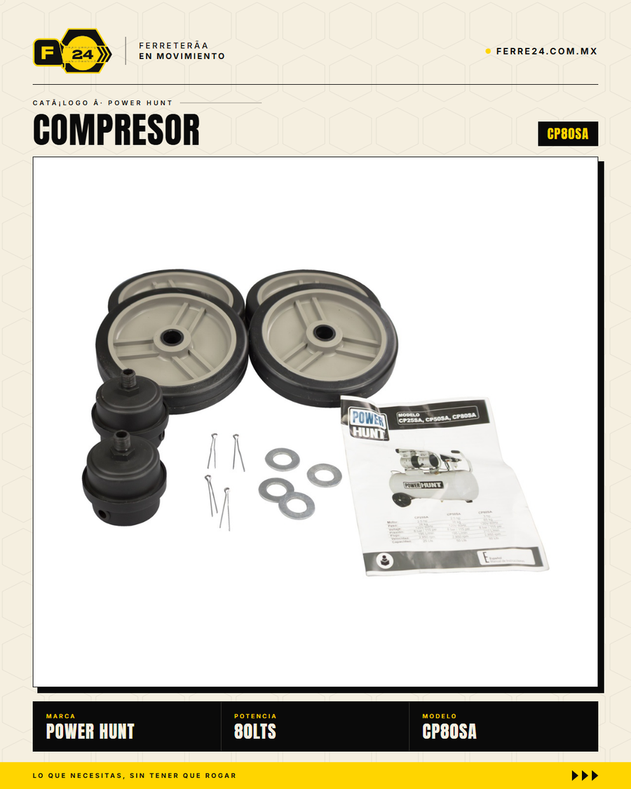 Compresor 80 L libre de aceite, doble conexión rápida. Aire limpio para pintura y neumática. Sin kit: tú usas tus accesorios. · sec_006
