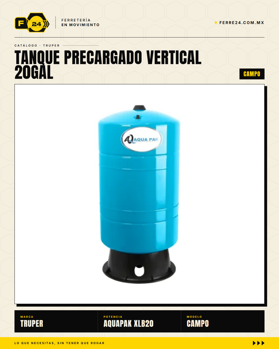 Tanque precargado vertical AQUA PAK XLB20 — 20 galones, 130 psi, garantía 4 años · sec_006