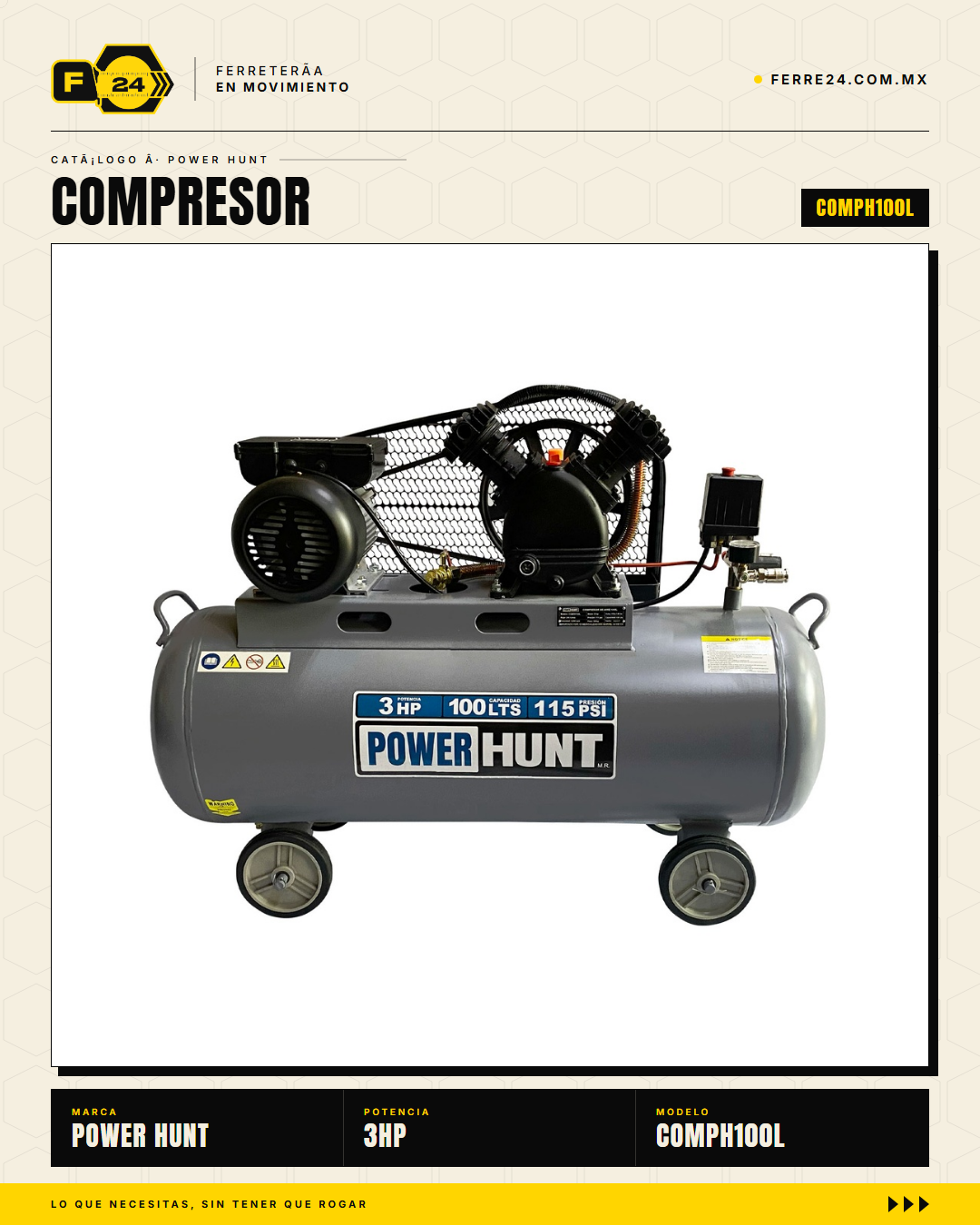 Compresor de Aire 3 HP 100 L Transmisión por Banda — Power Hunt COMPH100L · sec_006