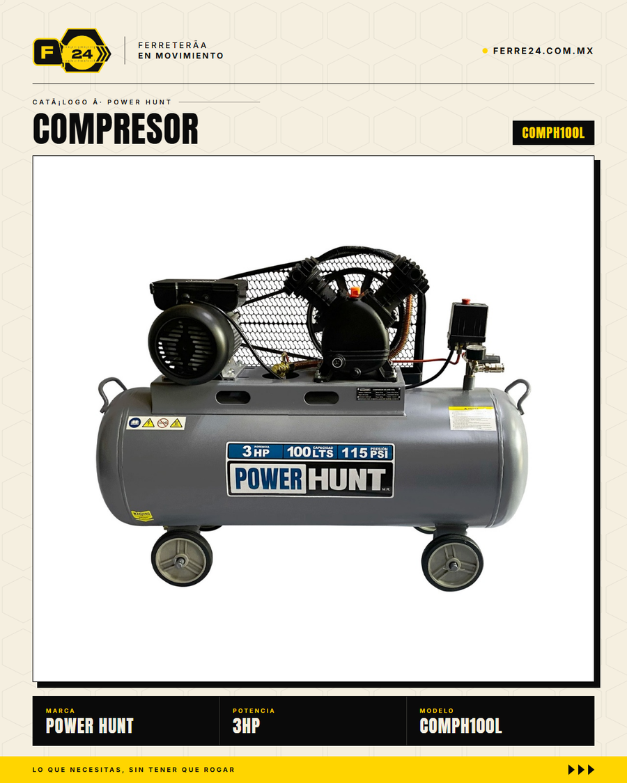 Compresor de Aire 3 HP 100 L Transmisión por Banda — Power Hunt COMPH100L · sec_006