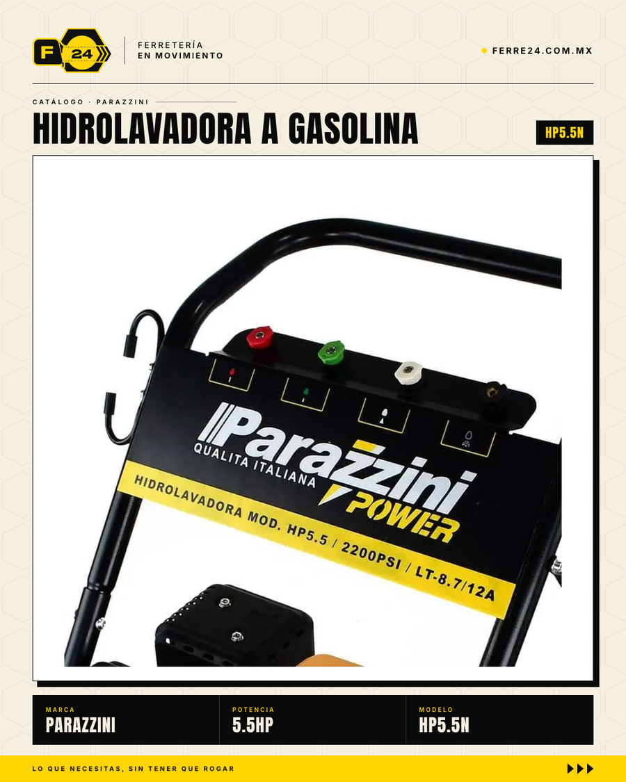 Hidrolavadora a Gasolina Parazzini HP5.5 — 2,200 PSI / 5.5 HP / 4 Tiempos · sec_006_hp55_panel