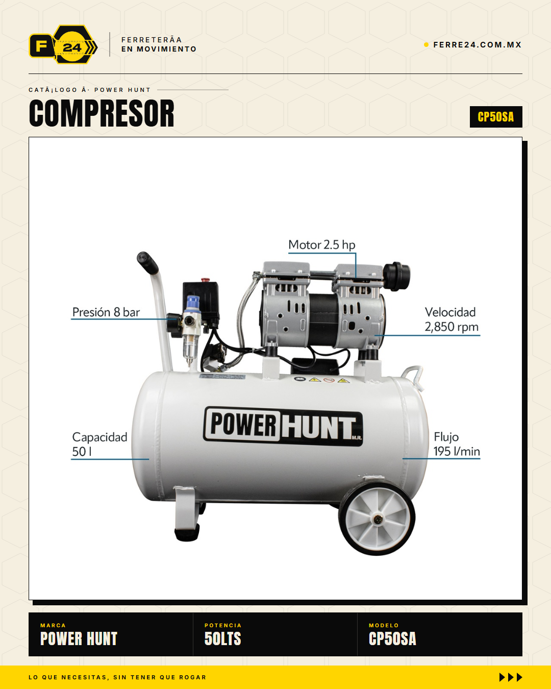 Compresor Power Hunt 50 L — Libre de Aceite, Doble Conexión Rápida · sec_007