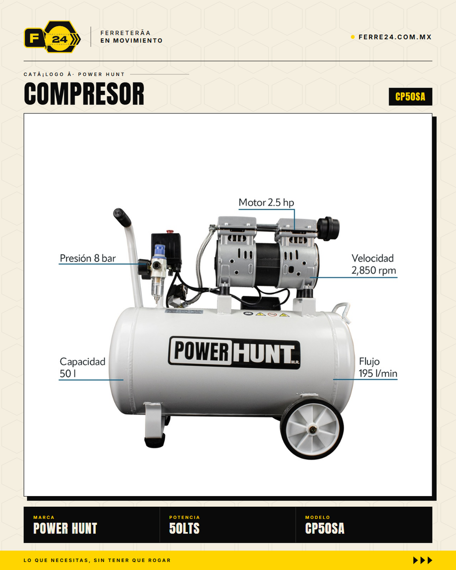 Compresor Power Hunt 50 L — Libre de Aceite, Doble Conexión Rápida · sec_007