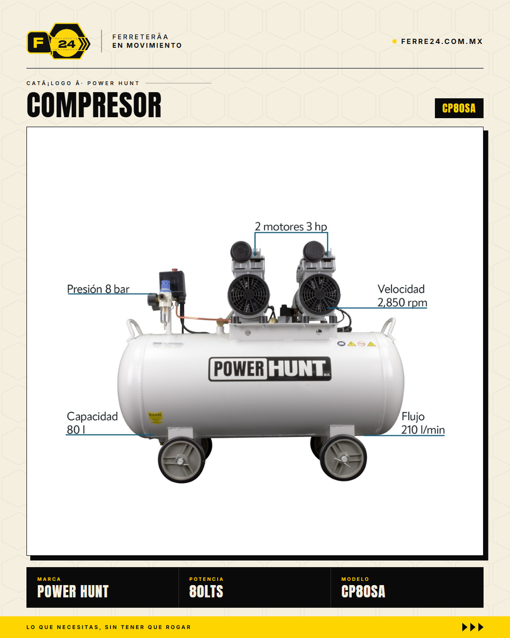Compresor 80 L libre de aceite, doble conexión rápida. Aire limpio para pintura y neumática. Sin kit: tú usas tus accesorios. · sec_007