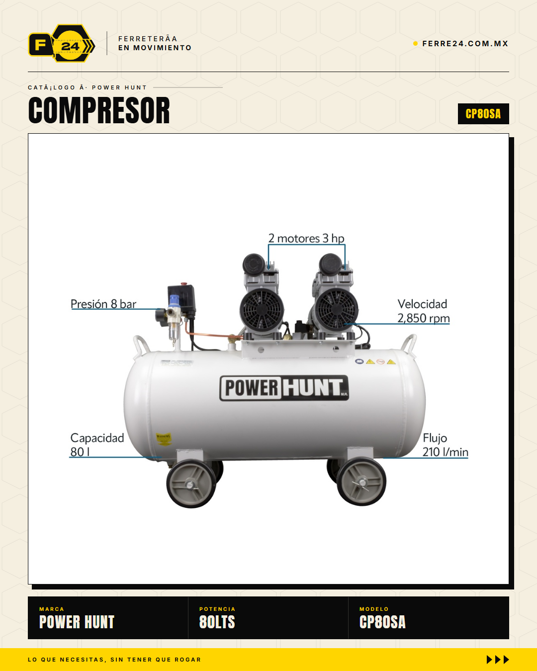 Compresor 80 L libre de aceite, doble conexión rápida. Aire limpio para pintura y neumática. Sin kit: tú usas tus accesorios. · sec_007