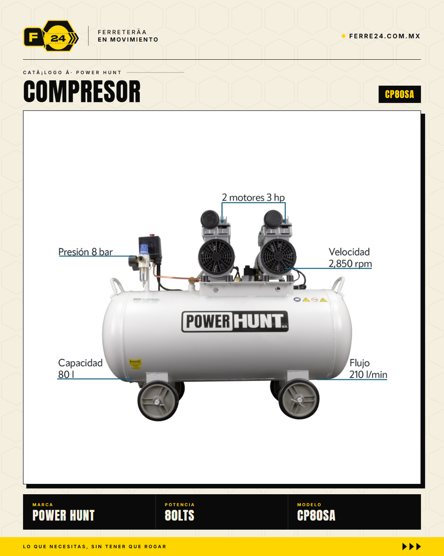 Compresor 80 L libre de aceite, doble conexión rápida. Aire limpio para pintura y neumática. Sin kit: tú usas tus accesorios. · sec_007