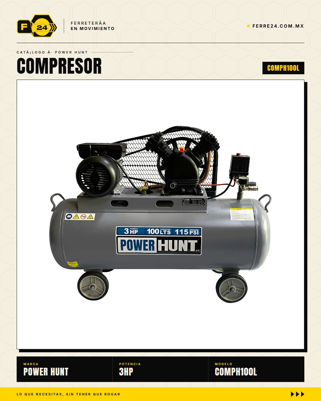 Compresor de Aire 3 HP 100 L Transmisión por Banda — Power Hunt COMPH100L · sec_007