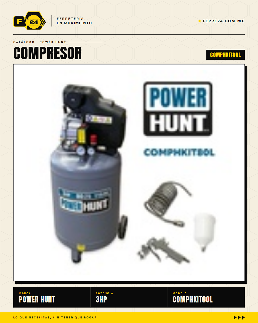 Compresor Eléctrico Power Hunt 80 L 3 HP — Doble Conexión Rápida + Kit Manguera y Pistola de Gravedad · sec_008