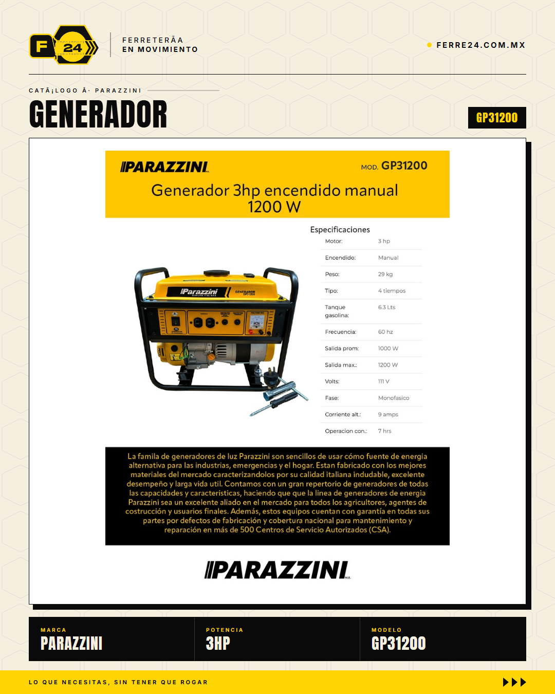 Generador portátil Parazzini GP31200: motor 3HP, 1,200W máx, tanque 6.3 L, 7 h de autonomía. Respaldo confiable para hogar, campo y emergencias desde $4,769 MXN. · sec_008