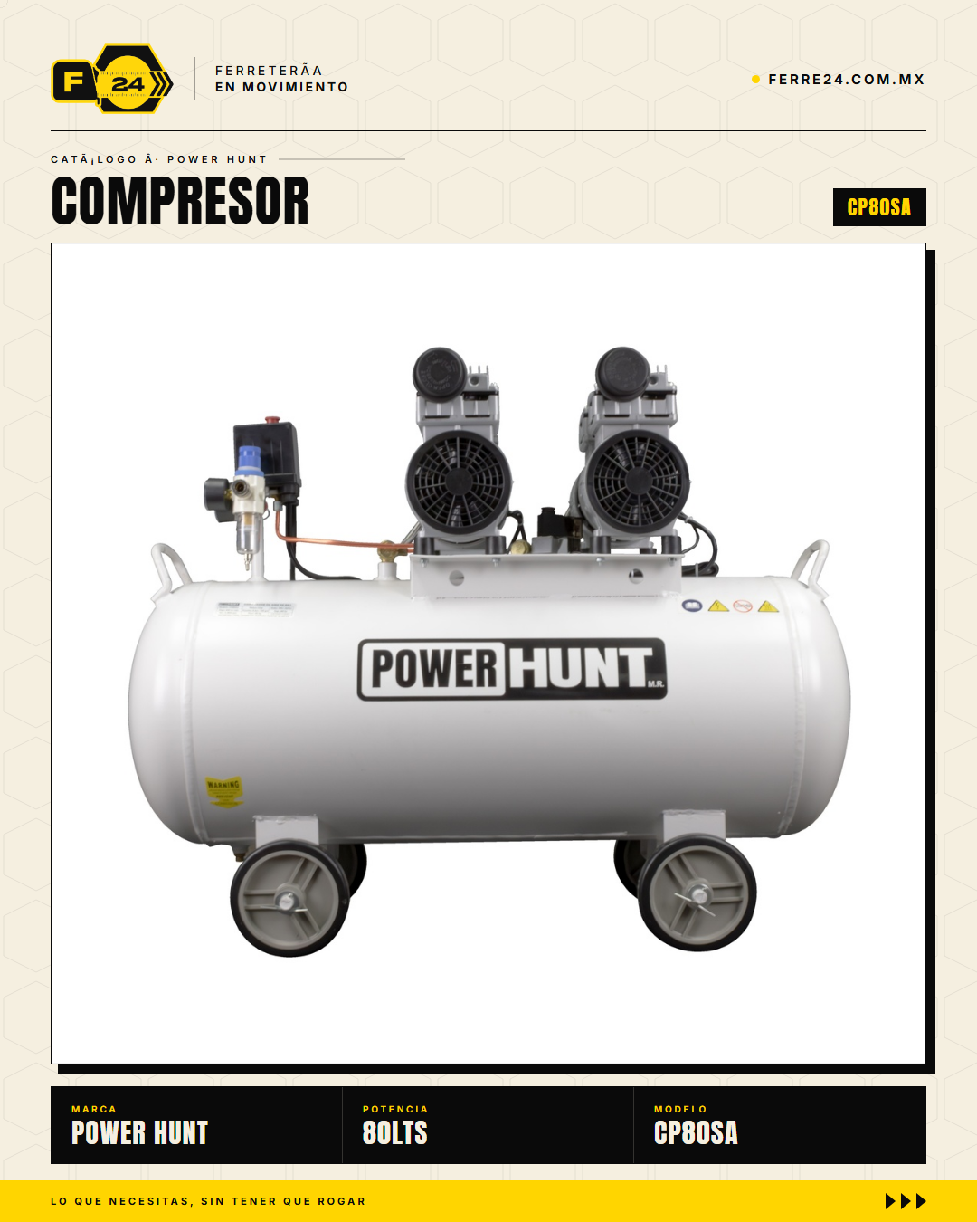 Compresor 80 L libre de aceite, doble conexión rápida. Aire limpio para pintura y neumática. Sin kit: tú usas tus accesorios. · sec_008