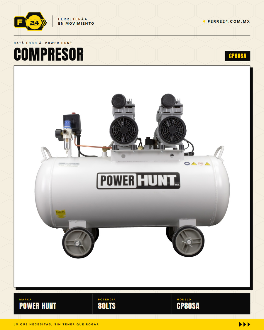 Compresor 80 L libre de aceite, doble conexión rápida. Aire limpio para pintura y neumática. Sin kit: tú usas tus accesorios. · sec_008