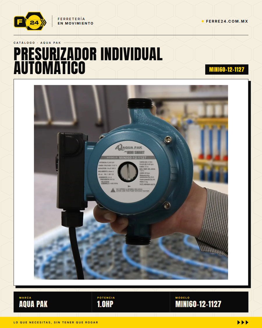 Presurizador Individual Automático AQUA PAK MINI60-12 — Serie MINI SMART, 60 lpm, 1/3 HP, 127 V · sec_009