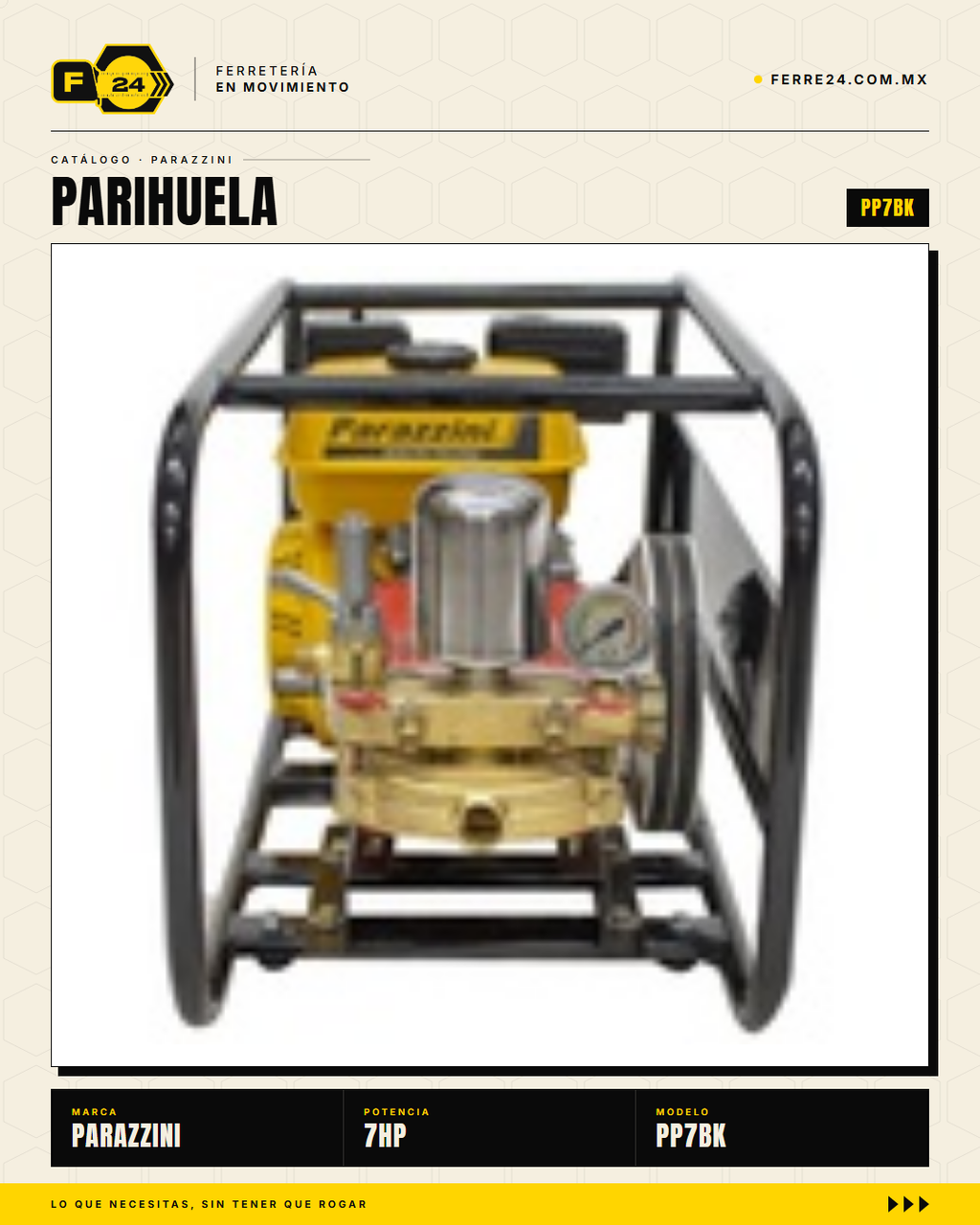 Kit Parihuela Parazzini 7 HP — Bomba Bronce + 100 m de Manguera · sec_009