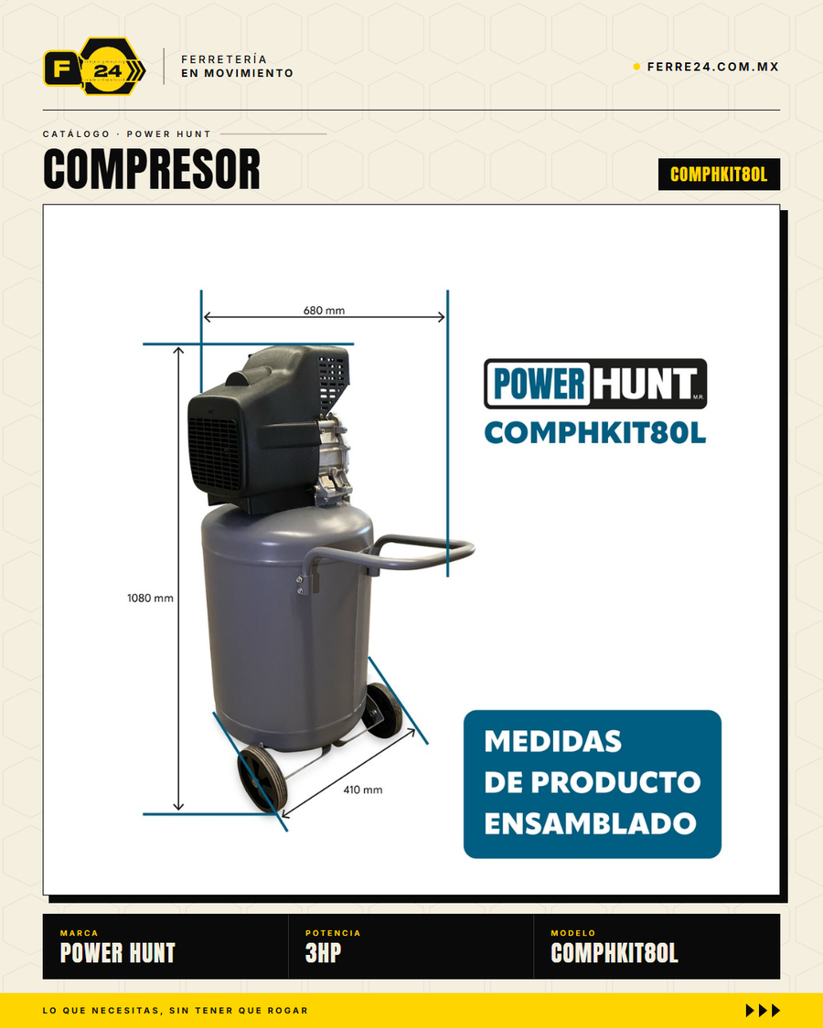 Compresor Eléctrico Power Hunt 80 L 3 HP — Doble Conexión Rápida + Kit Manguera y Pistola de Gravedad · sec_009