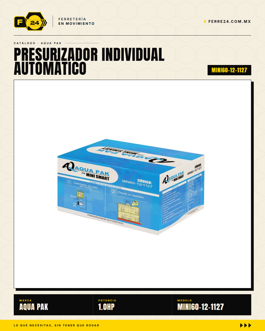 Presurizador Individual Automático AQUA PAK MINI60-12 — Serie MINI SMART, 60 lpm, 1/3 HP, 127 V · sec_010