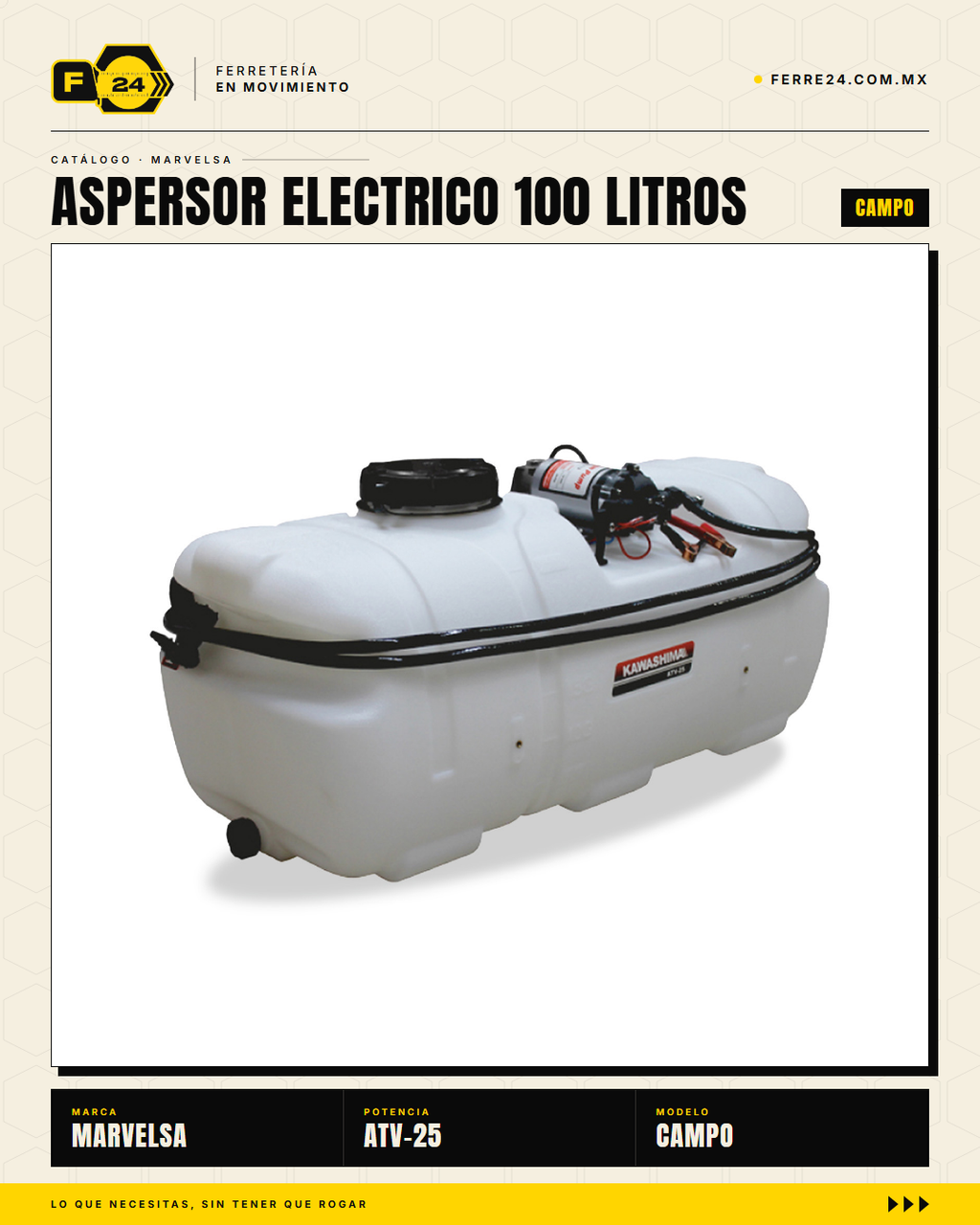 Kawashima ATV-25 — Aspersor Eléctrico 100 Litros. Sin ruido. Sin humo. Sin esfuerzo. · sec_013